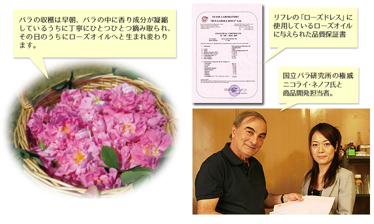 バラの収穫は早朝、バラの中に香り成分が凝縮しているうちに丁寧にひとつひとつ摘み取られ、その日のうちにローズオイルへと生まれ変わります。リフレの「ローズドレス」に使用しているローズオイルに与えられた品質保証書。国立バラ研究所の権威ニコライ・ネノフ氏と商品開発担当者(写真)。